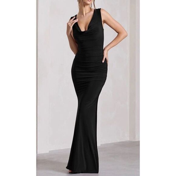 NWT CLUB L LOLITA BLACK RUCHED COWL-NECK SLEEVELESS MAXI DRESS sz 12 US - Picture 4 of 11